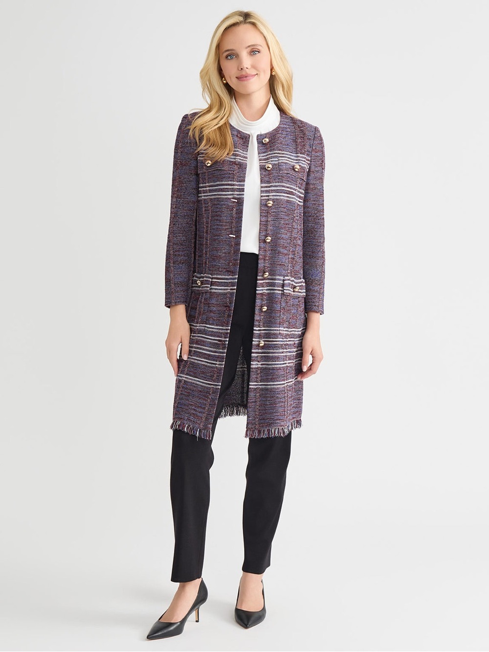 Ming Wang Purple Tweed Long Blazer with Fringe Trim